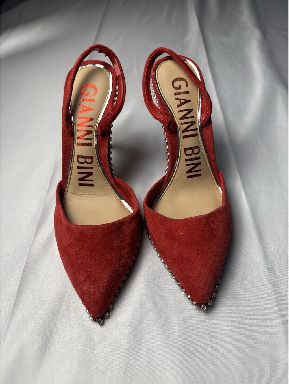 Gianni Bini Red Suede Slingback Heels with Rhinestone Trim